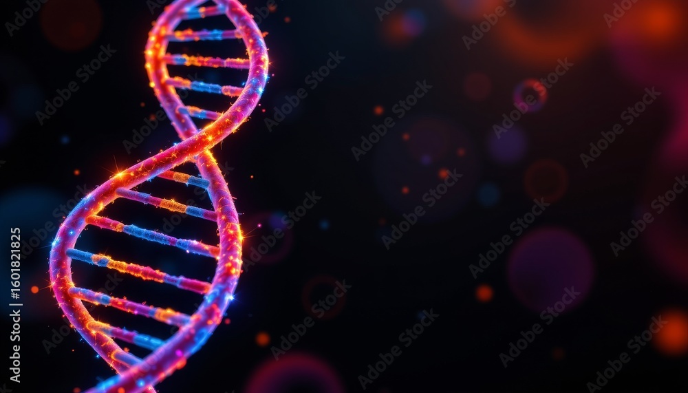 Poster glowing helix with intertwined strands and bokeh background