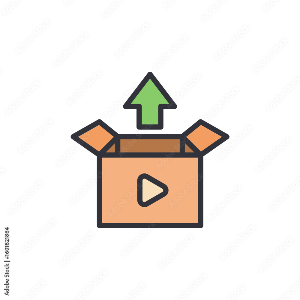 Poster video upload concept featuring arrow emerging from container box