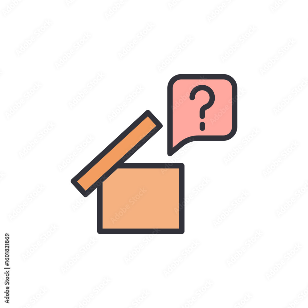 Poster unveiling mysteries in a box with question mark speech bubble