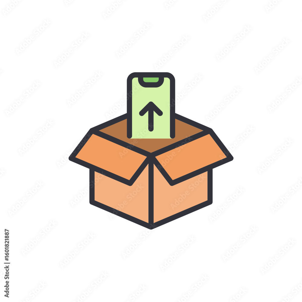 Poster conceptual illustration of a mobile phone uploading into a package box
