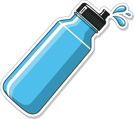 Blue water bottle with splashing liquid and black cap isolated on white