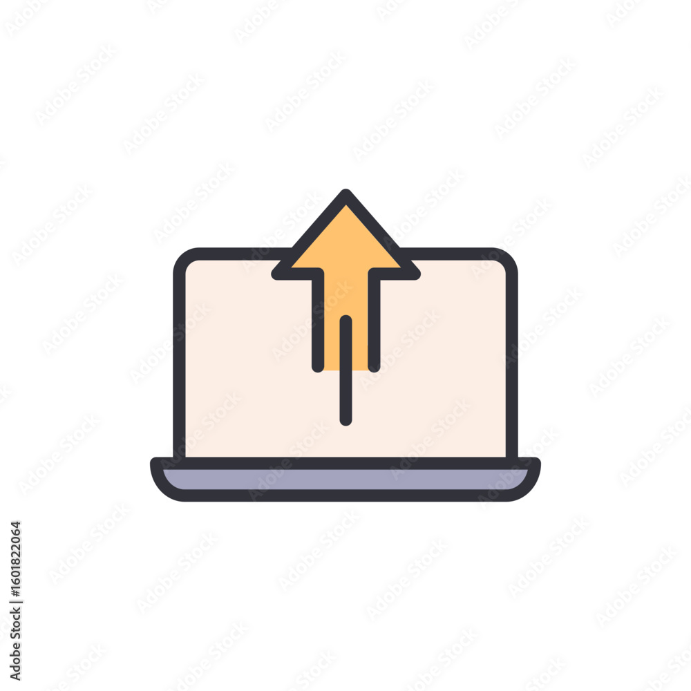 Poster laptop with upward arrow symbolizing data transfer or upload process