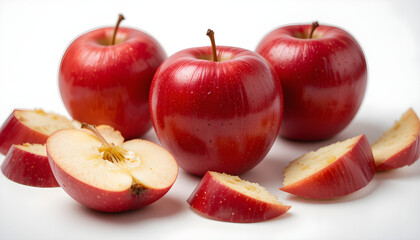Ripe red apple fruits with apple slice and apple green leaves isolated on white background. Red apples and leaves with clipping path
