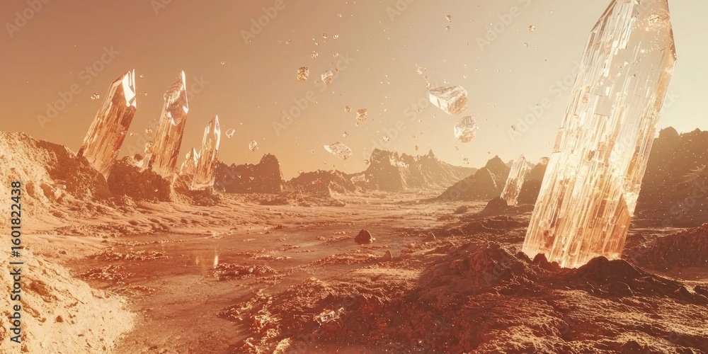 Aufkleber a futuristic mars-like desert with crystalline structures and floating particles