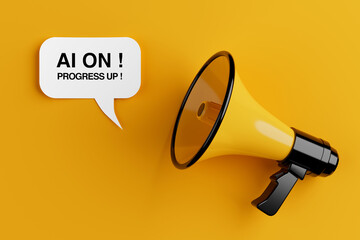 Technology And Communication Concept. Yellow Megaphone With Speech Bubble Saying AI On! Progress...