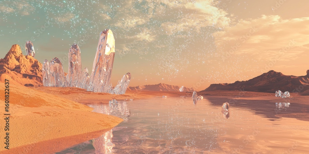 Aufkleber a futuristic mars-like desert with crystalline structures and floating particles