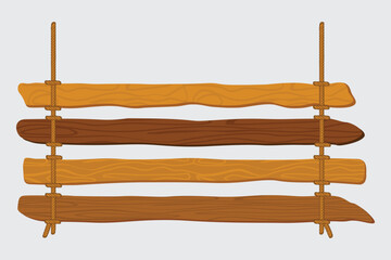 Hanging Wooden Sign Vector Set. Vector of rustic hanging wooden signboards made from planks and ropes. Perfect for shops, cafes, banners, and decoration.
