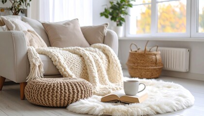 Cozy Living Room with Knit Textiles and Warm Beverages