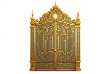Ornate golden gate glowing with bright light, isolated on transparent background, perfect for fantasy or religious projects
