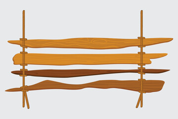 Hanging Wooden Sign Vector Set. Vector of rustic hanging wooden signboards made from planks and ropes. Perfect for shops, cafes, banners, and decoration.