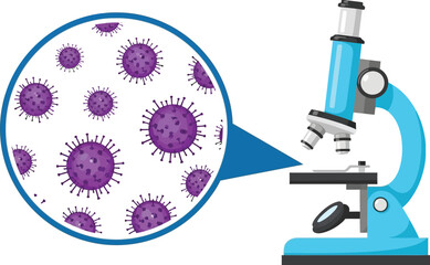 Microscope examining purple virus particles magnified in a circular view, scientific research concept