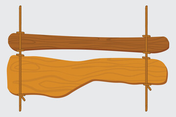 Hanging Wooden Sign Vector Set. Vector of rustic hanging wooden signboards made from planks and ropes. Perfect for shops, cafes, banners, and decoration.