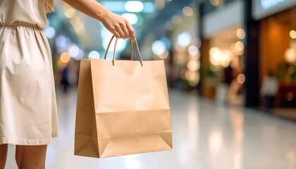 Woman holding a brown paper shopping bag in a mall