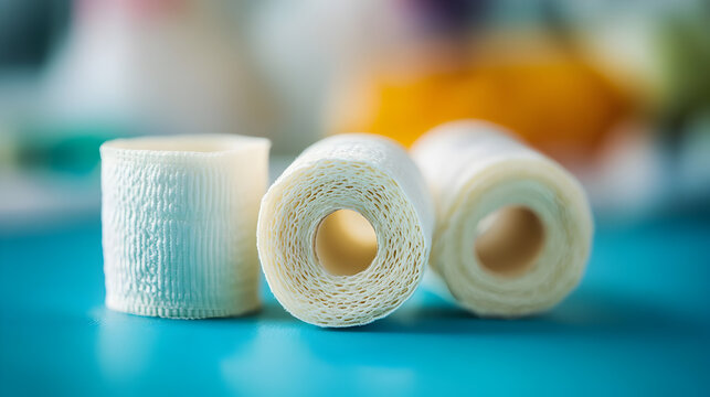 tres vendas esterilizadas para el vendaje de lesiones o heridas de pacientes vendas o gasas sobre una mesa de hospital