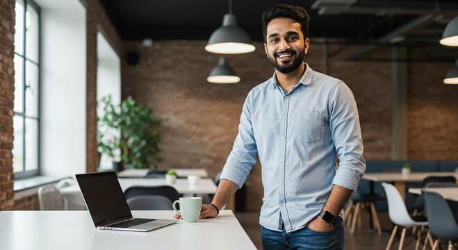 Portrait of a handsome young Indian businessman smiling confidently while standing in a modern office or co-working space