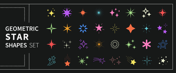Geometric star shapes set. Sparkling star silhouette, twinkle and fireworks forms, Y2K abstract elements for decoration, logo, form, sticker, tattoo, symbol and graphic design. Vector illustration.