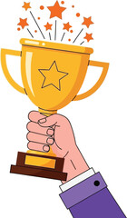 Hand holding golden trophy with stars celebrating achievement and success