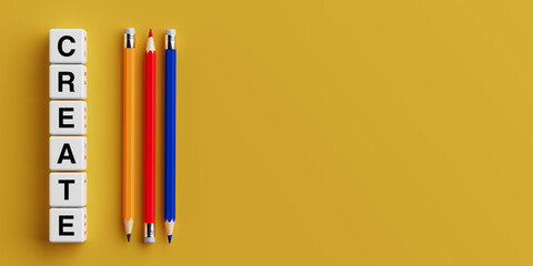 Creativity And Education Concept. Cubes with Create Word and Colorful Pencils. 3d Rendering