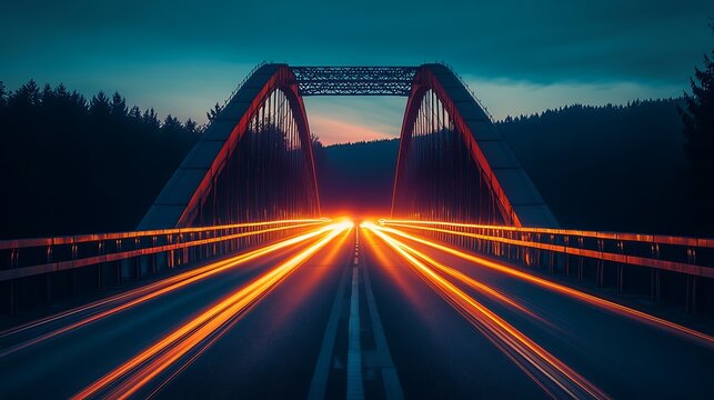 Dramatic bridge at dusk with vibrant light trails from passing vehicles