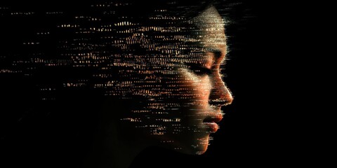 A futuristic portrait where a human figure is dissolving into digital code