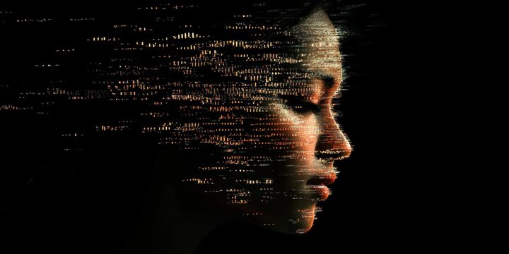 A futuristic portrait where a human figure is dissolving into digital code