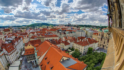 Aerial panoramic view of Old Town Square neighborhood timelapse in Prague from the top of the town...