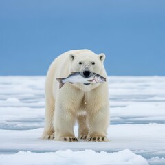 Polar Bear Catching a Fish on Arctic Ice