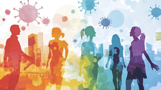 montage featuring silhouettes of health advocates promoting vaccination, hygiene, and disease prevention through campaigns and education. The background cityscape with billboards and community centers