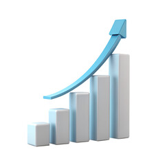 A 3d bar chart with an upward trending blue arrow isolated on transparent background