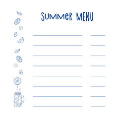 Summer menu design featuring illustrations of fresh fruits and drinks