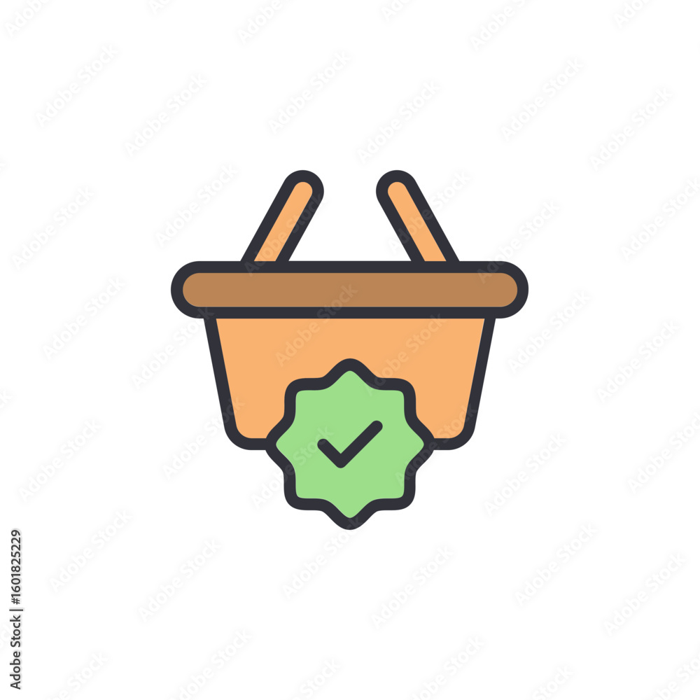 Poster completed shopping cart icon with checkmark symbol and transparency