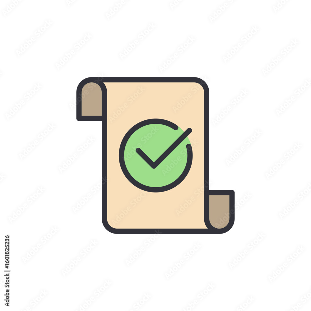 Poster scroll illustration with validation mark symbolizes confirmation process