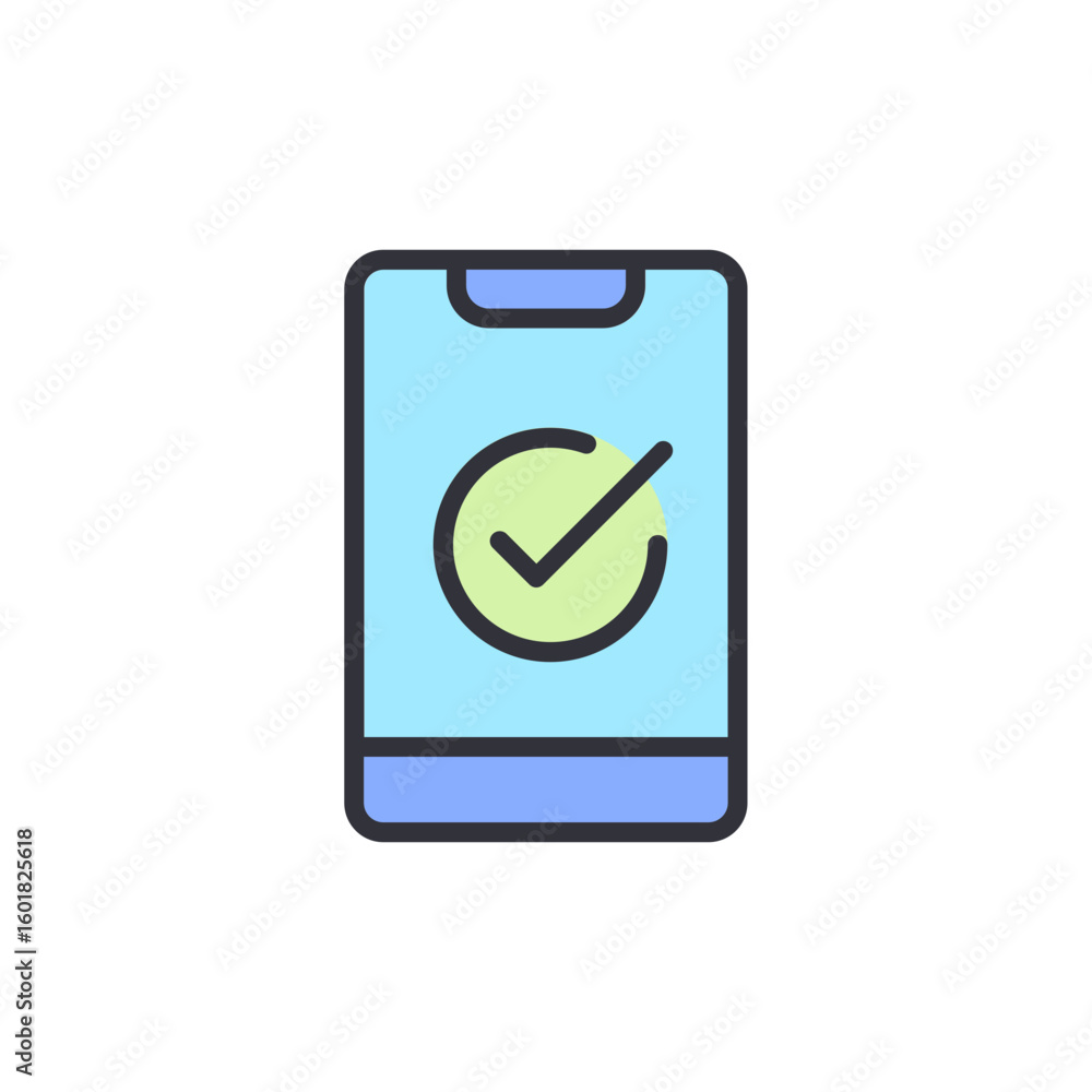 Poster cellphone displaying a green check mark on a transparent medium