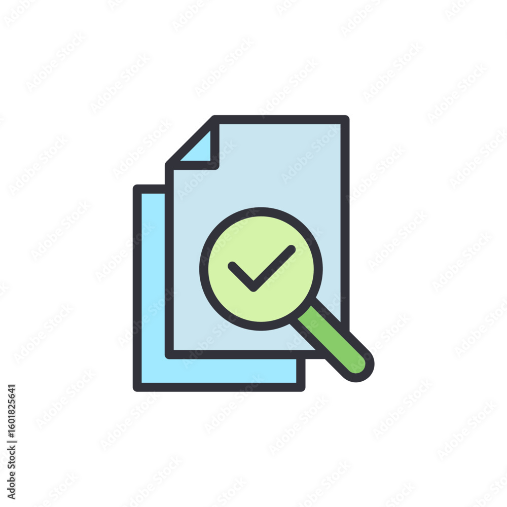 Poster document verification icon symbolizing inspection and successful completion