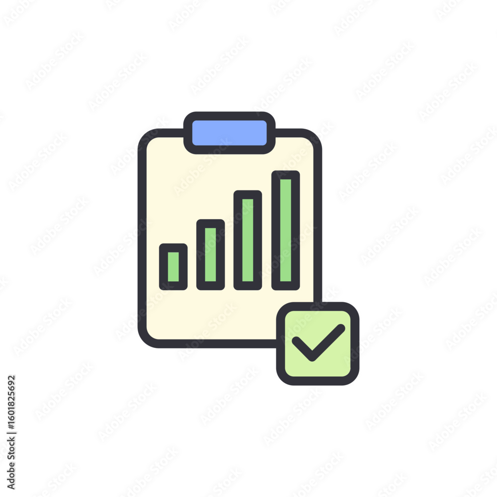 Poster stylized chart on clipboard with tick mark for data achievement