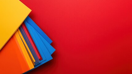 Colorful paper sheets stacked against red background
