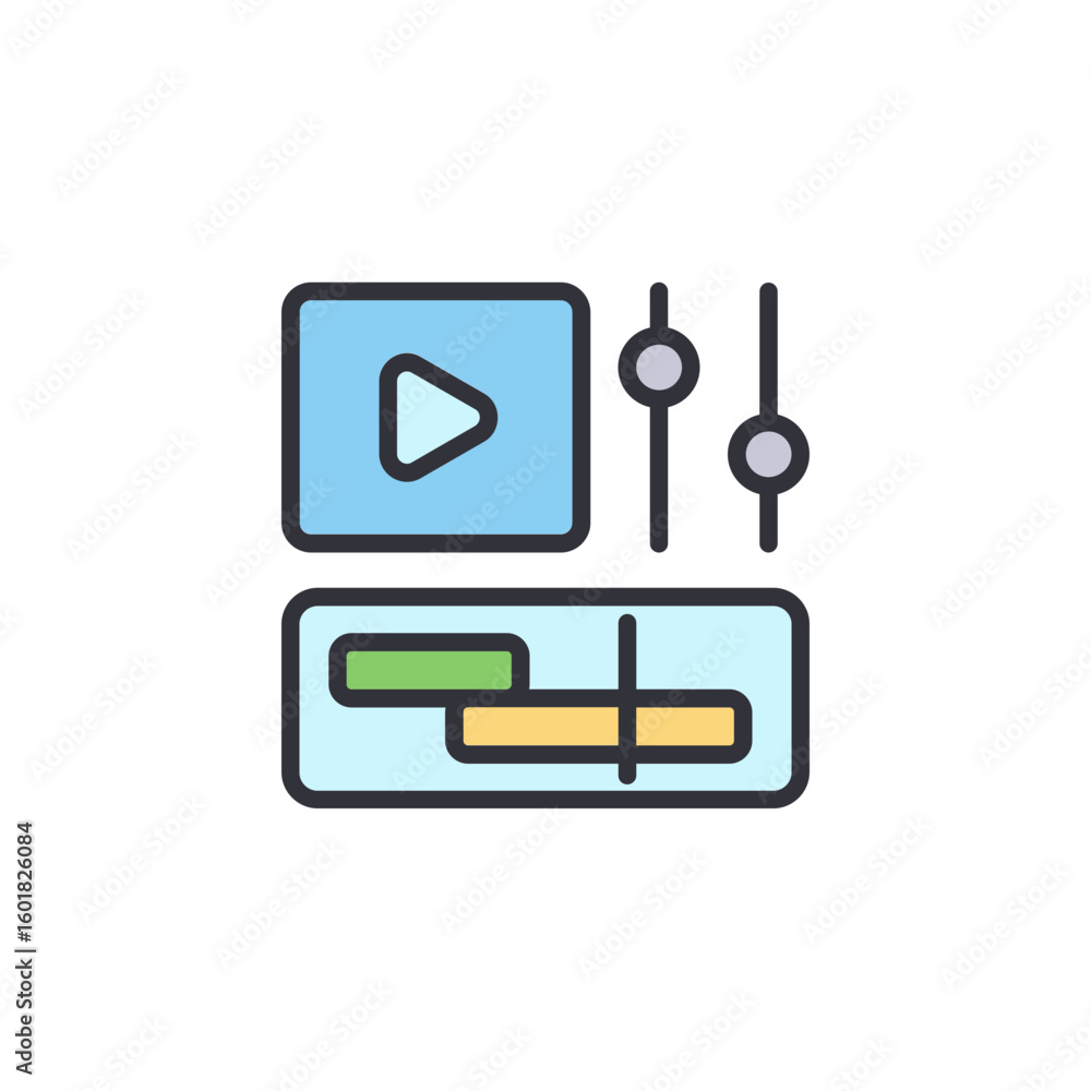 Poster digital video editing interface with timeline and play button element