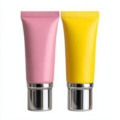 Close up shot of two tubes of cosmetic product in pink and yellow with silver caps on white background