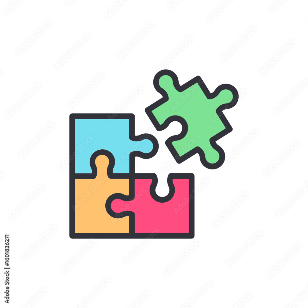 Poster colorful puzzle pieces forming a structure with a missing component