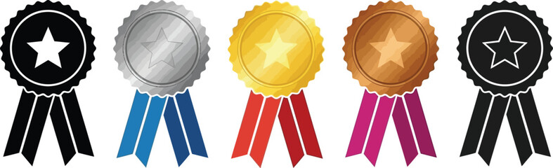 Collection of five award ribbons featuring stars, in gold, silver, bronze, and black variations
