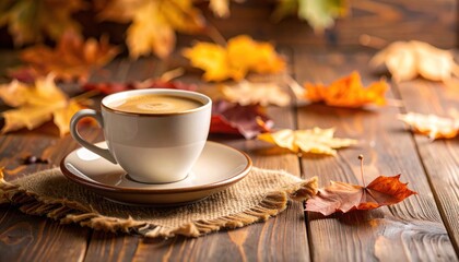 Autumn Coffee Cup with Fallen Leaves on Wooden Table