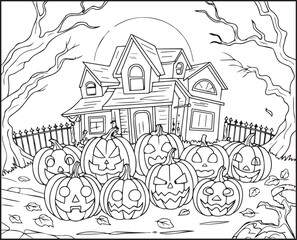 Halloween coloring page with spooky elements and hand-drawn doodle vector outline illustration
