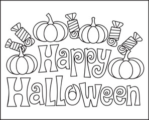 Halloween coloring page with spooky elements and hand-drawn doodle vector outline illustration
