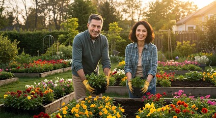 Couple planting flowers in garden together backyard gardening flower beds spring gardening activity outdoors