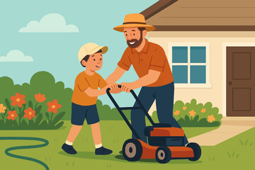 Father and son enjoying backyard fun, mowing the lawn together on a sunny day