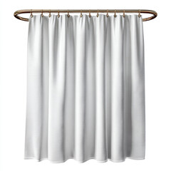 A white fabric shower curtain hanging from a curved gold colored rod with hooks against white...