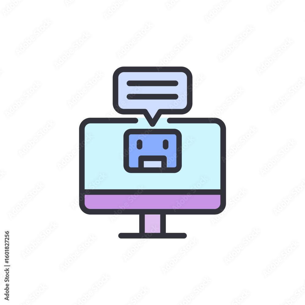 Poster illustrative depiction of a computer displaying chatbot conversation interface