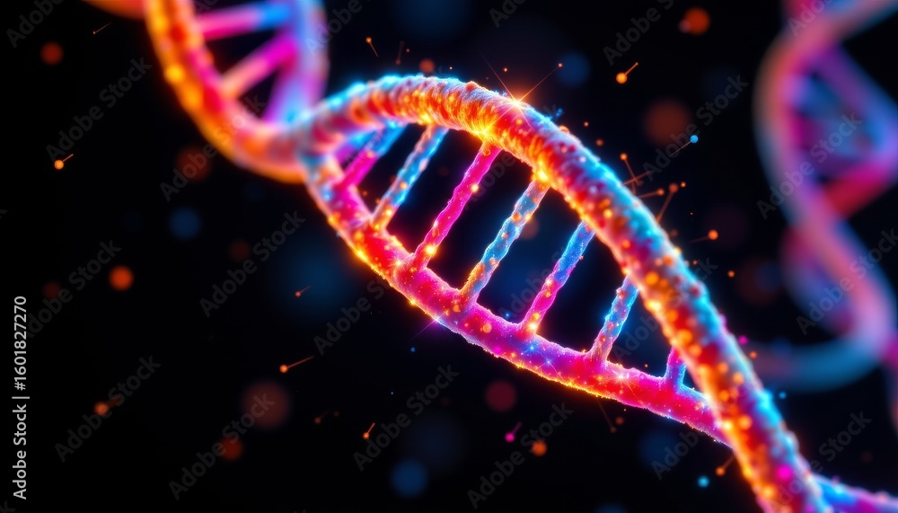 Poster glowing double helix structure dark setting
