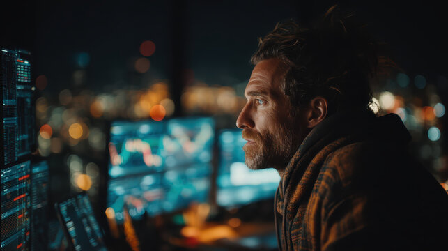 A professional man monitoring data on a computer screen at night