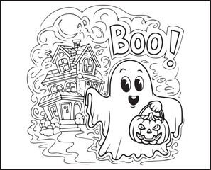 Halloween coloring page with spooky elements and hand-drawn doodle vector outline illustration